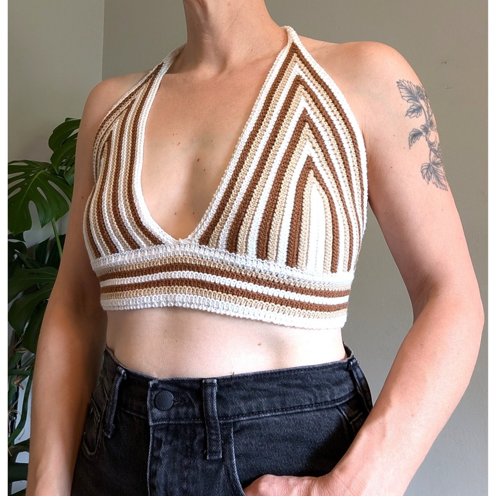 Crochet Halter Top Women's Large Bralette Bikini Top Boho Festival Hippie Earthy
